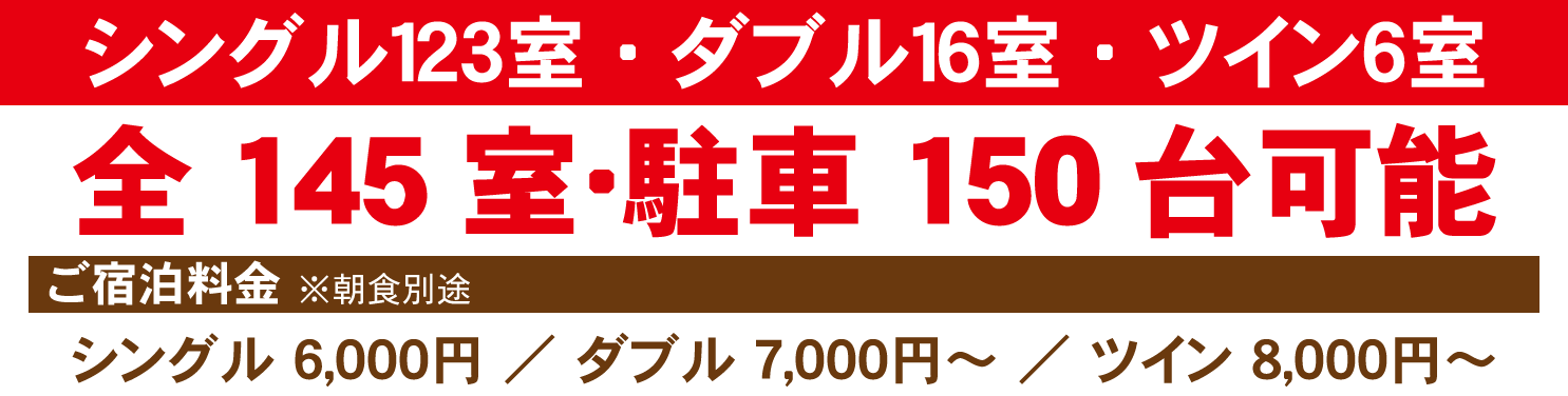 シングル123室・ダブル16室・ツイン6室の全145室、駐車場150台